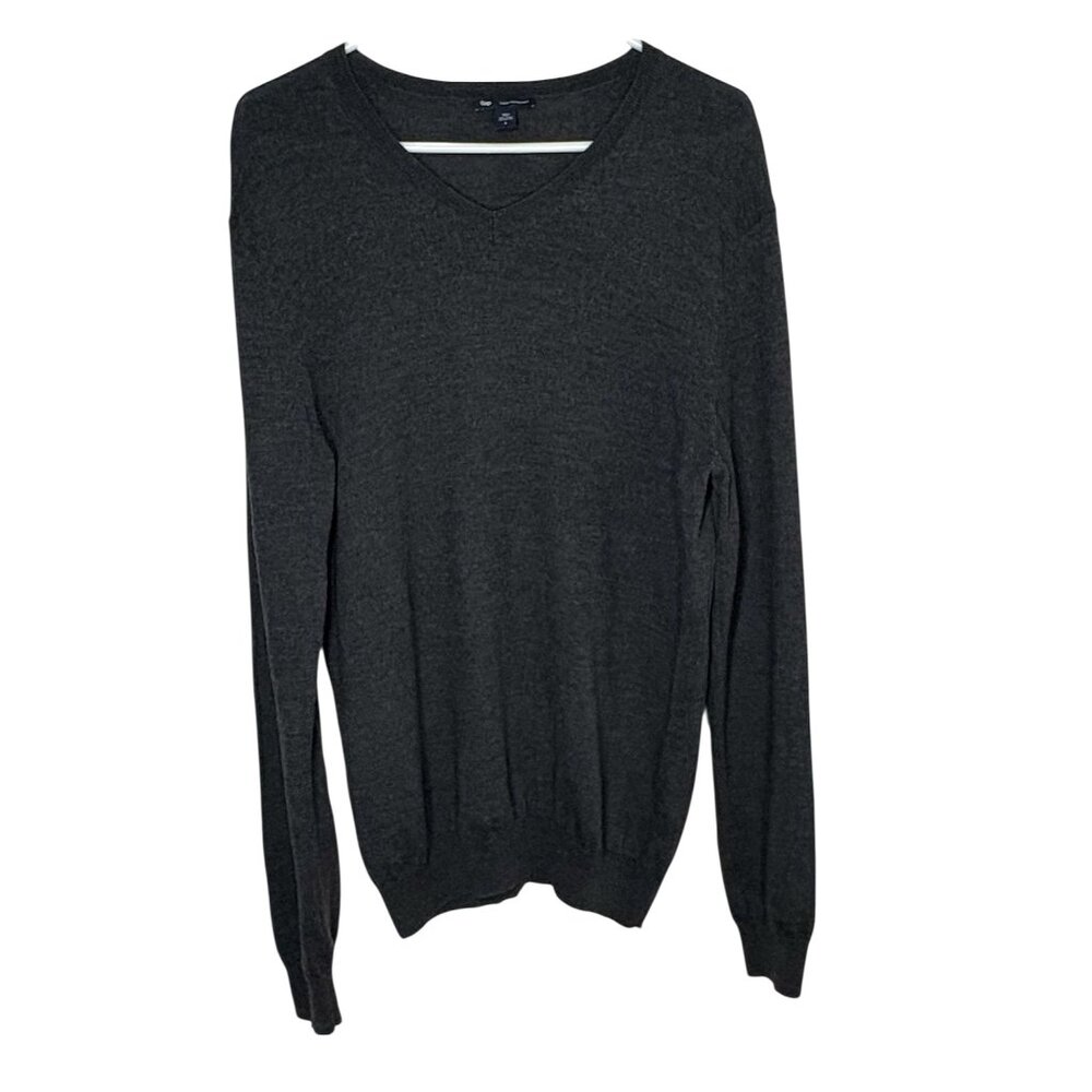 Gap Italian Merino Wool V-Neck Sweater Large Dark Gray Long Sleeve Men's